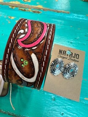 Brown Leather Tooled Western Cuff Bracelet & Concho Stud Earrings